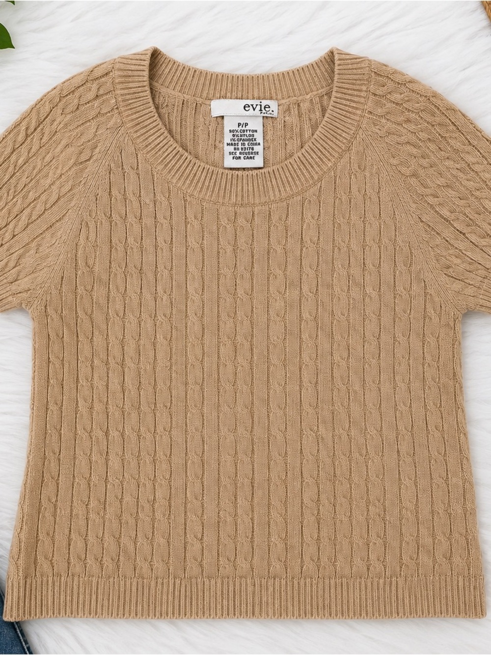 EVIE Cable Knit Short Sleeve Sweater — Camel Tan